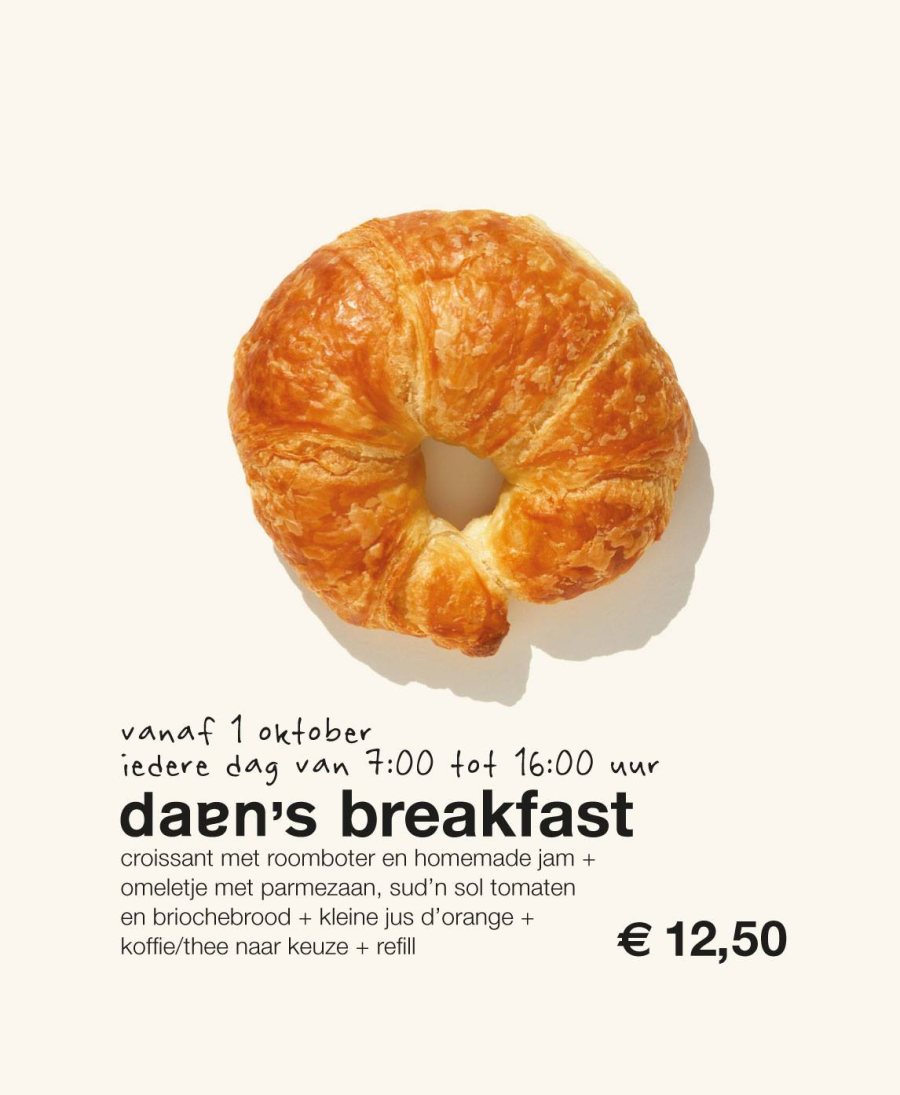 Ontbijtactie van Daen’s Winebar: croissant met de tekst ‘daen’s breakfast’ voor € 12,50